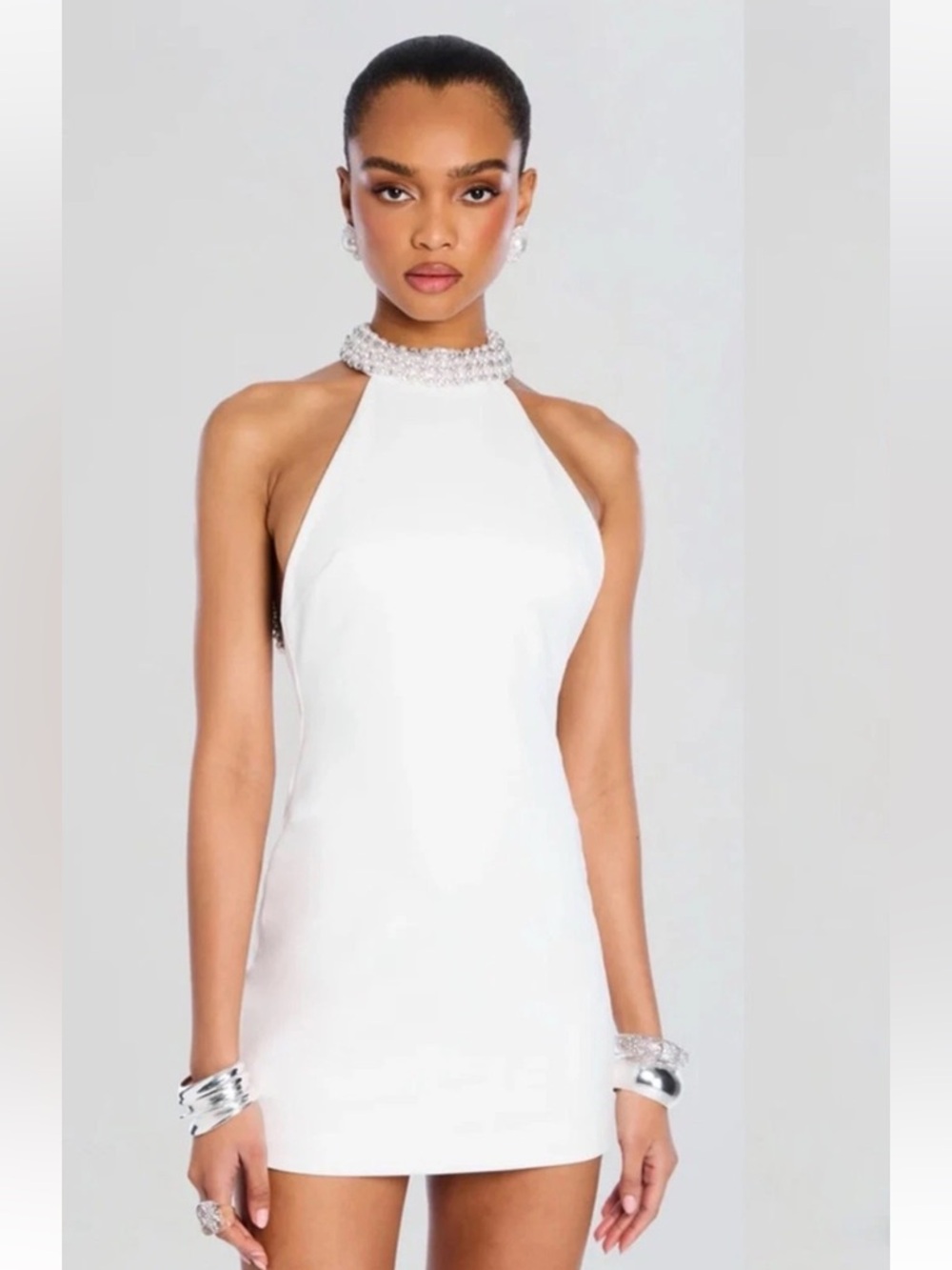 Retrofete Penelope White Halter Pearl Crystal Embellished Mini Dress Bridal XS - Picture 3 of 10